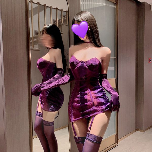Lace Halter Bodycon Mini Dress - Luxe Satin Purple Sensual Lingerie Set - White + white stockings