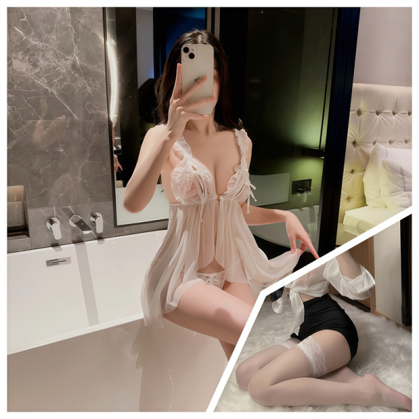 Luxury Lace Sleepwear for Women - Sheer Summer Satin Slip Dress with Push-Up Support & Elegant Embellishment - White + white stockings