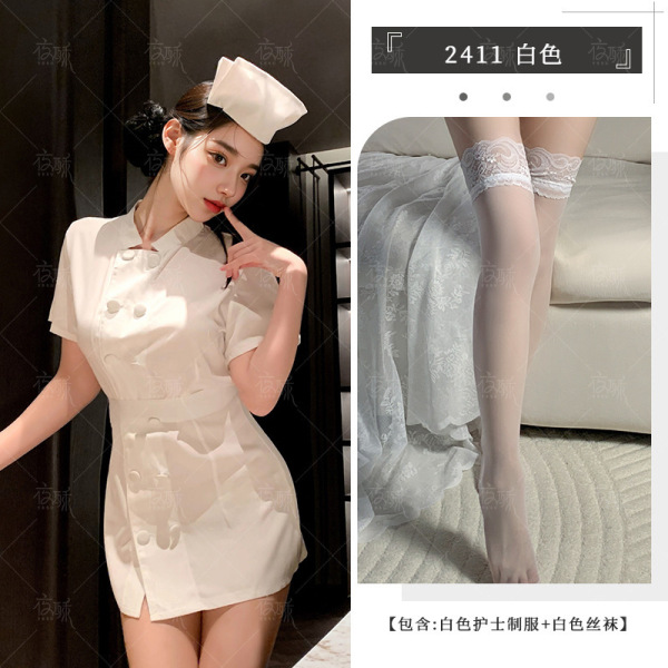 2025 Sexy Nurse Costume Set – Authentic White Nurse Uniform for Cosplay & Role Play - White suit + white stockings