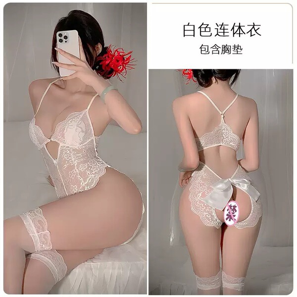 Sexy Lace Open-Crotch Bodysuit for Women – Sheer Seductive Sleepwear & Naughty Costume Outfit - White + white stockings