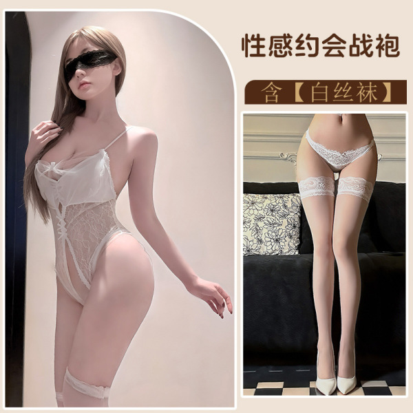 Seductive Lace Bodysuit for Women - Sheer Mesh Sensual Lingerie with Cut-Out Details, Pure Allure Collection - White + white stockings