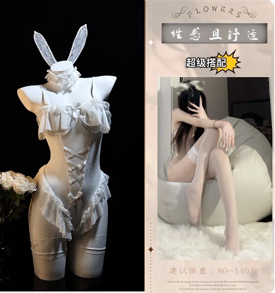 Pure & Seductive Lingerie Set - Modest Yet Sexy Open-Crotch Bunny Costume Sleepwear for Cosplay - White suit + white stockings