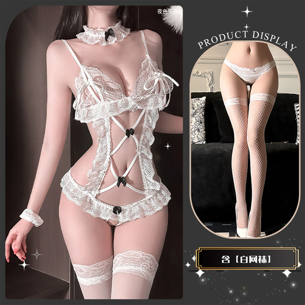 Miyu Sensual Lace Bodysuit - Open-Crotch Maid Costume for Playful Intimacy & Roleplay - White suit + white fishnet stockings