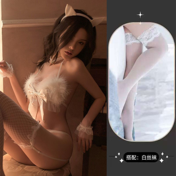 Pure & Tempting Catwoman Lingerie Set - Sheer Sexy Costume with Open-Crotch Design for Role Play - White suit + white stockings