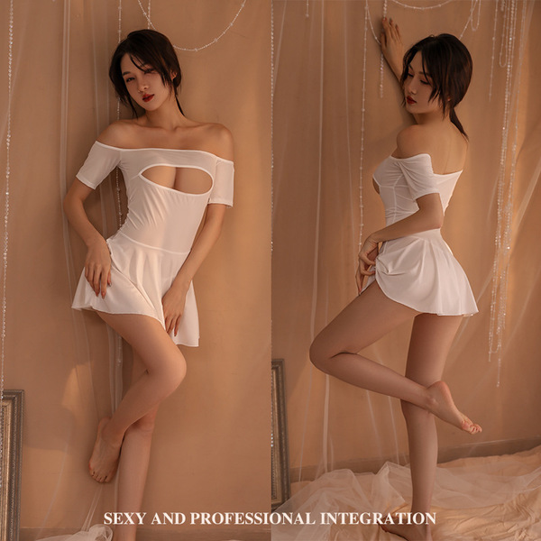 Mannyqing Lingerie Set - Sexy Sheer Sleepwear Dress with Uniform Style, No-Remove Fantasy Nightwear for Women - White and white striped stockings