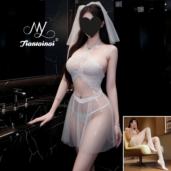 Sexy Lace Sleep Dress for Women - Sheer Pure Temptation Bridal Lingerie Set, No-Remove Intimate Outfit - White + White Opening