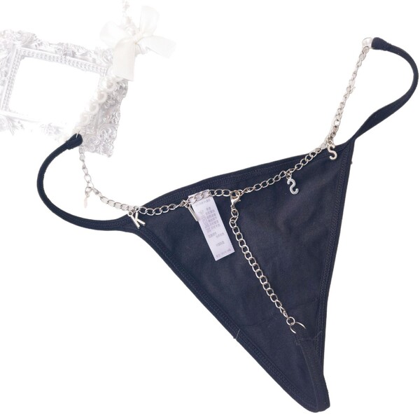 Sexy black thong with silver metal letter pendant charm, featuring elegant chains and stylish design for womens erotic linger...