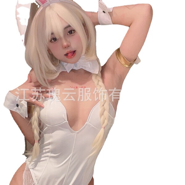 Sexy white bodysuit with rabbit ears, perfect for adult role play costumes.