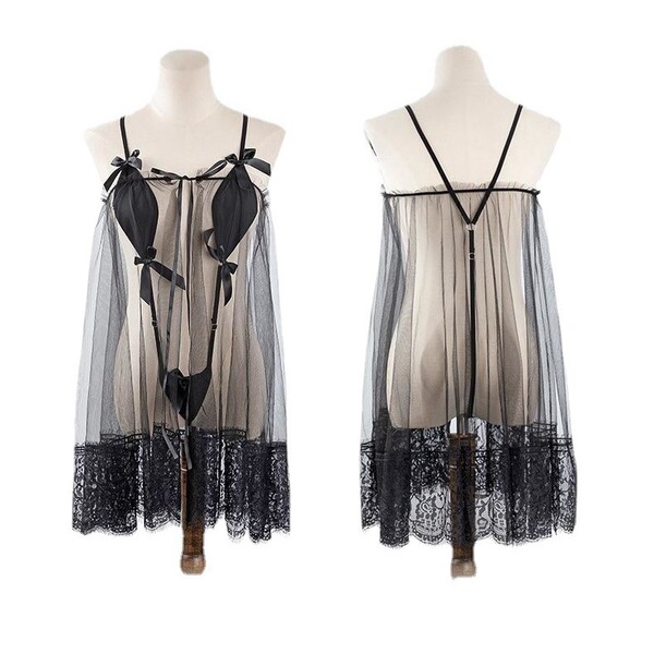 Wild rose sheer lace sleep dress with matching thong, featuring transparent fabric and delicate black lace trim.