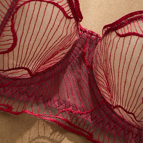 Wine red plus size lingerie set featuring sheer mesh bra with lace cutouts and matching panties, perfect for a sexy look.