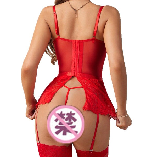 Woman wearing red lace bodysuit with garter straps and split back design, showcasing sexy sleepwear style.