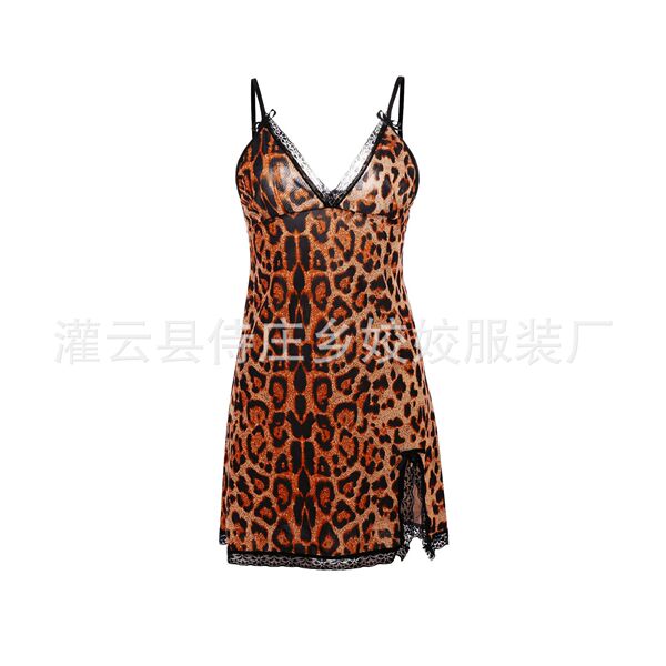 Womens deep v lace slit leopard print lingerie set - seductive sleep dress & matching set, plus size pure desire nightwear