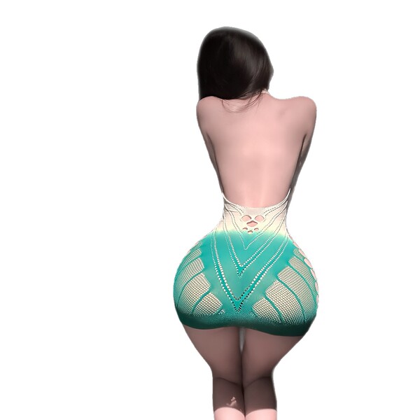Woman wearing a sheer mesh lingerie set with tear-away design, featuring an elegant and sexy -style look.