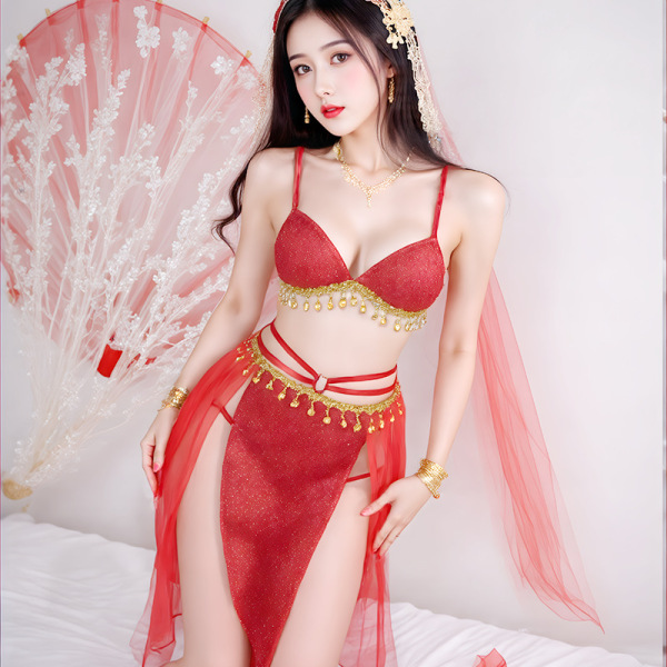 Woman wearing red lace lingerie set with gold accents, sheer robe, and decorative headpiece for elegant date night or bedroom...