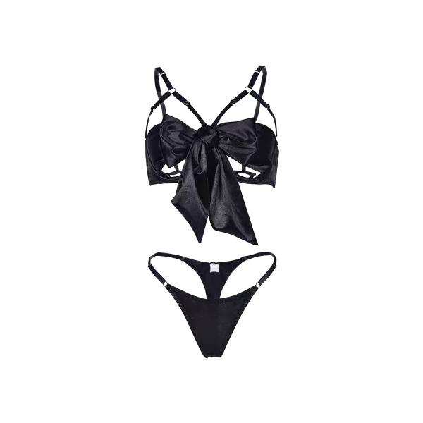 Black lace bralette with bow-tie and matching thong set for women, featuring flirty design and seductive style.