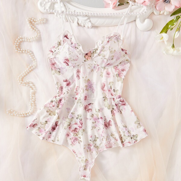 Womens full lace bodysuit featuring floral design, elegant european style, sheer sexy lingerie for women.