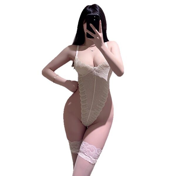 Woman wearing a sexy lace bodysuit with sheer backless design, perfect for date night.