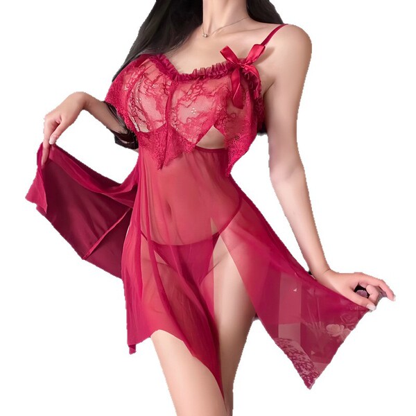 Womens red lace mesh slip dress with butterfly knot detail, sheer seductive design for date night or sleepwear.