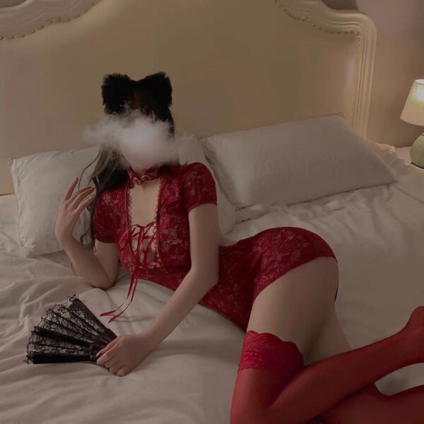 Womens lace cheongsam costume featuring seductive silk feel, provocative design perfect for intimate moments.
