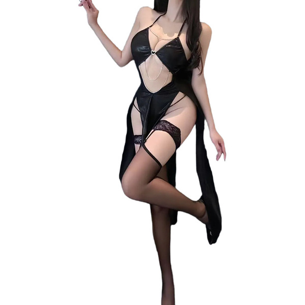 Sexy womens bodysuit featuring lace cut-out design, open slit, halter neck, and provocative harness, perfect for bold fashion...