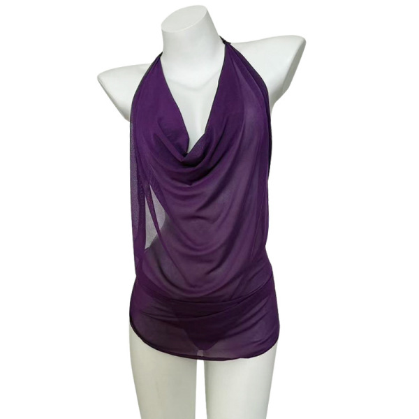 Purple sheer mesh halter chemise with cowl neck, displayed on a mannequin.