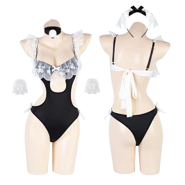 Womens lace bodysuit with sensual design, featuring a maid outfit style, perfect for revealing cleavage and adding allure to ...