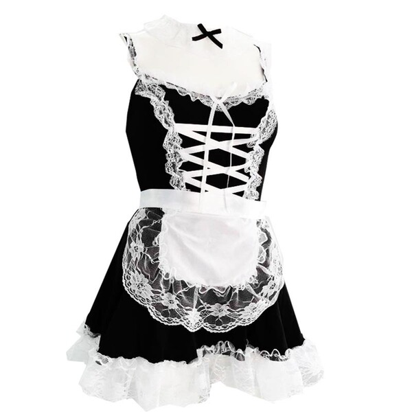 Womens plus size maid costume - sexy role play lingerie set, no-remove seductive uniform outfit featuring black dress with la...