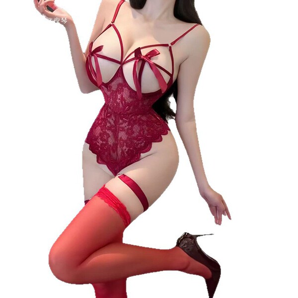 Womens luxury bodysuit with open design, lace detailing, and stockings, perfect for intimate nights.