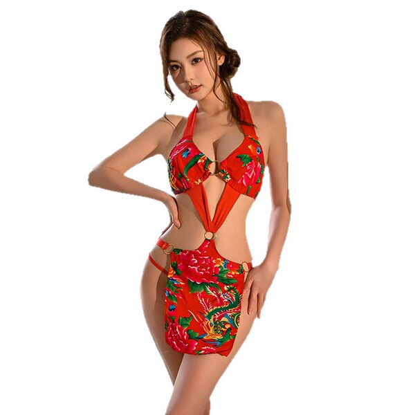 Womens retro chinese floral bodysuit featuring halter neck design, cheeky cutouts, perfect for festive occasions like christm...