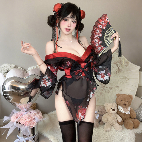 Womens seductive japanese-inspired lace kimono set - sheer backless robe with alluring floral print, featuring elegant red ac...