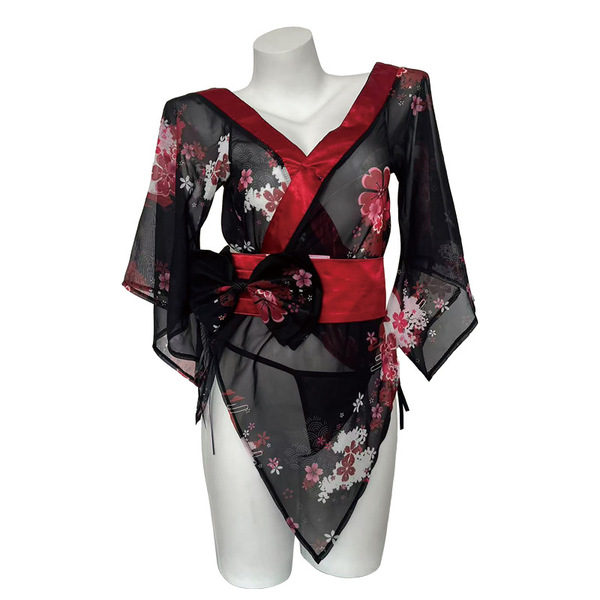 Womens seductive japanese-inspired lace kimono set - sheer backless robe with alluring floral print