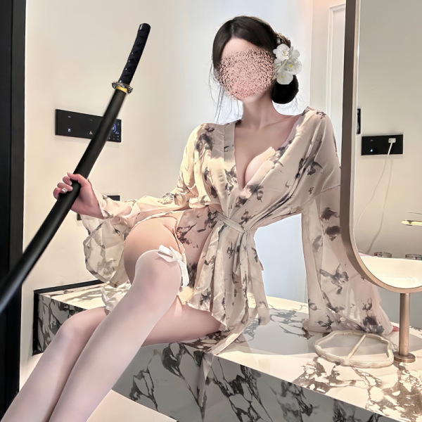 Woman in sheer butterfly print kimono set with lace details, holding a sword, showcasing open-front sensual lingerie design.