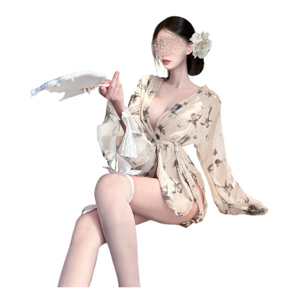 Woman wearing sheer butterfly print kimono set with lace details, open front design for small bust, sensual sleepwear.