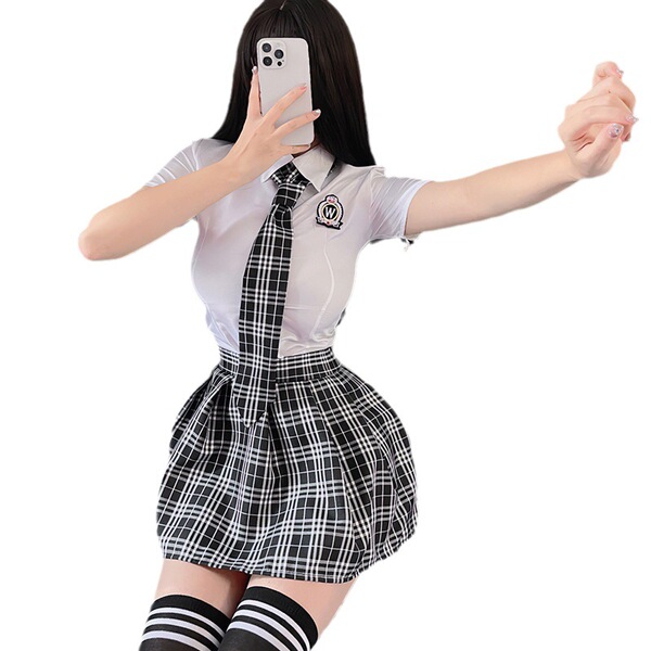 Womens seductive lingerie set - schoolgirl costume outfit, featuring a white blouse with a plaid tie, short skirt, and knee-h...