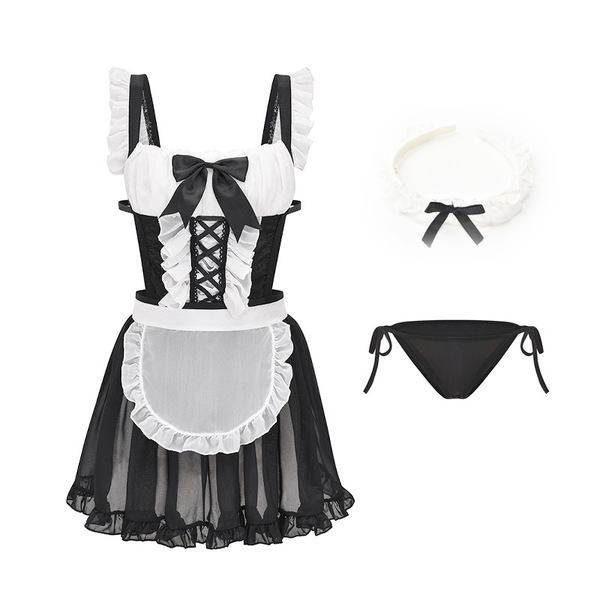 Womens seductive maid costume set featuring a black and white dress with lace details, matching headband, and bikini top, per...