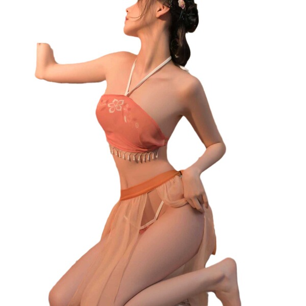 Womens seductive silk sleepwear set - chinese hanfu-inspired lace bodice & matching bottoms, no-remove lingerie