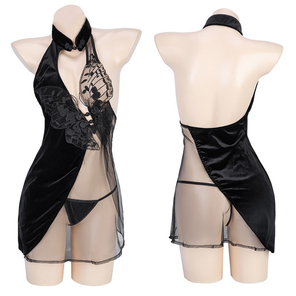 Womens sensual butterfly cheongsam lingerie set - sheer lace top with ties & matching bodysuit outfit
