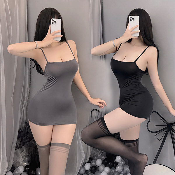 Womens sensual fairy-themed ice silk slip dress with backless design and maid-inspired striped set, perfect for evening elega...