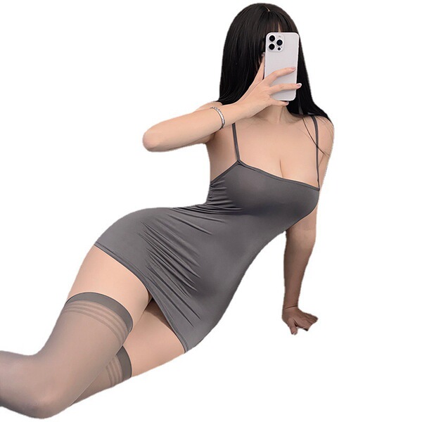 Womens sensual fairy-themed ice silk slip dress with backless design and maid-inspired striped set.
