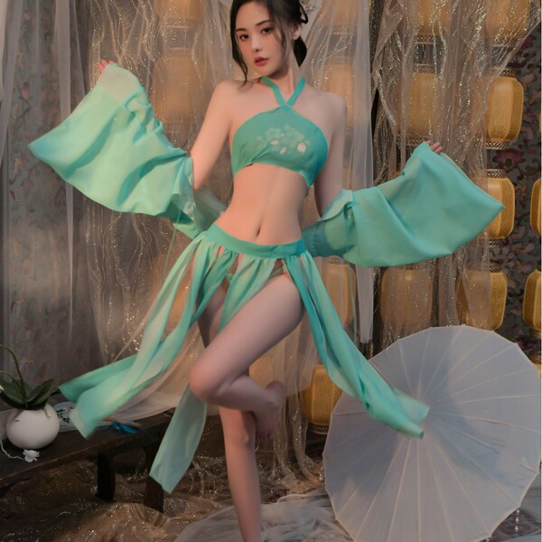 Womens sensual hanfu-inspired lace chemise set - sheer chiffon bodysuit with halter neck, boho-chic lingerie
