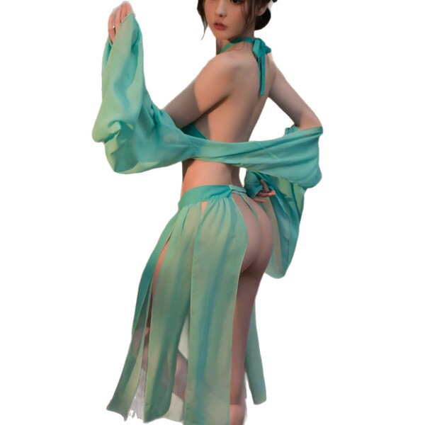 Womens sensual hanfu-inspired lace chemise set - sheer chiffon bodysuit with halter neck, boho-chic lingerie