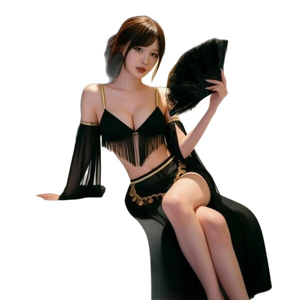Woman in black luxury lingerie set with fringe and gold accents, holding a fan. elegant exotic underwear for mature women.