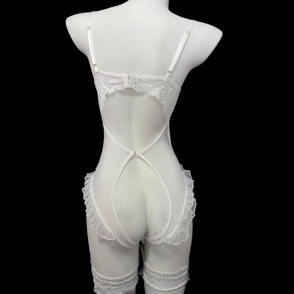 Womens sensual pearl-chain strap bodysuit - sheer deep v lace sleepwear with open-crotch design
