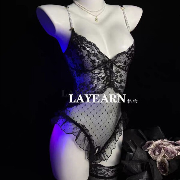 Womens sensual pearl-chain strap bodysuit - sheer deep v lace sleepwear with open-crotch design