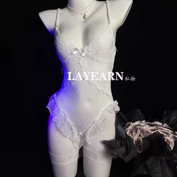 Womens sensual pearl-chain strap bodysuit - sheer deep v lace sleepwear with open-crotch design