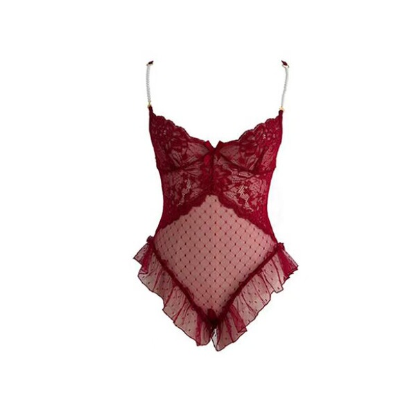 Womens sensual pearl-chain strap bodysuit - sheer deep v lace sleepwear with open-crotch design