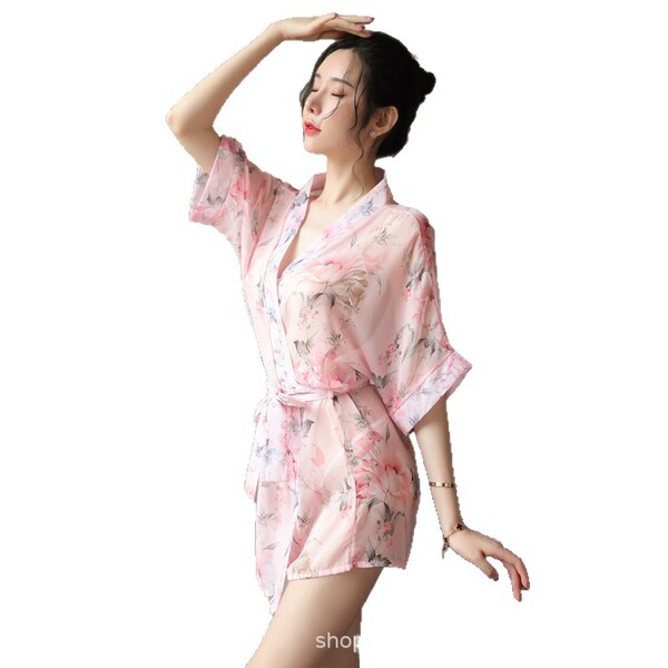 Womens new sensual sheer chiffon sleepwear set - japanese kimono-inspired lingerie outfit, plus size temptation ensembl