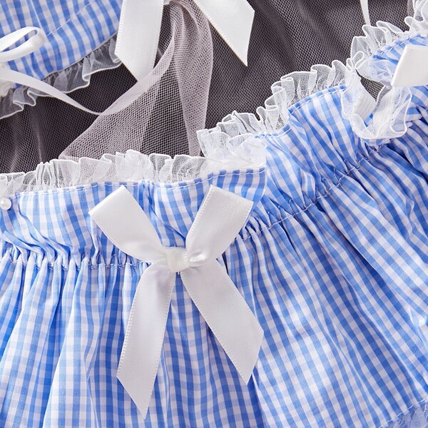 Womens sexy backless maid costume set - cute lace role play lingerie outfit featuring blue gingham fabric with white bows and...
