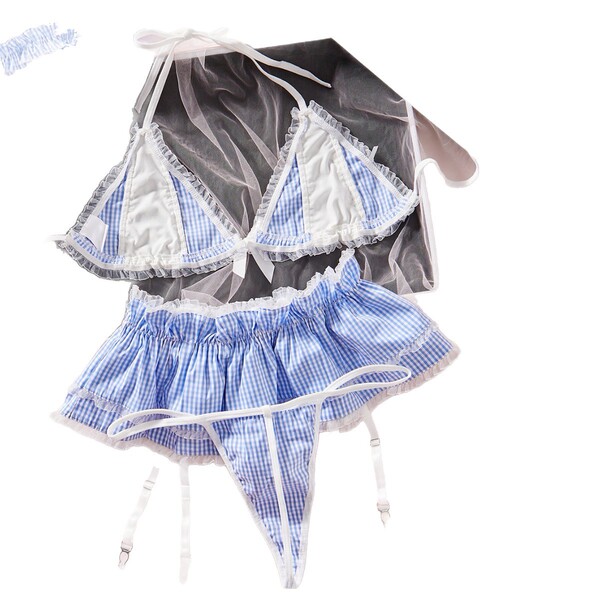 Womens sexy backless maid costume set - cute lace role play lingerie outfit featuring blue gingham patterns, lace trimmings, ...