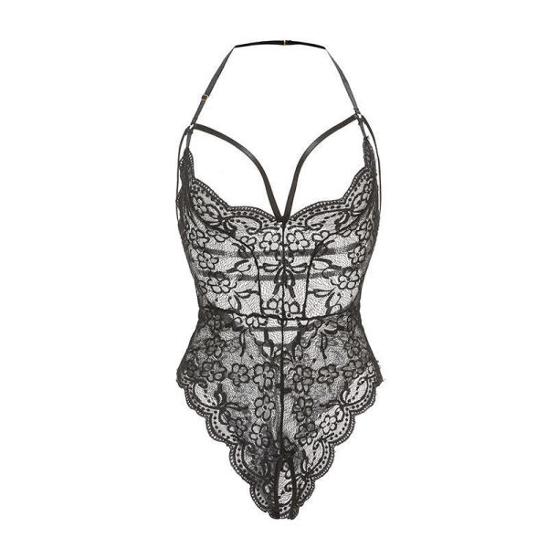 Black sheer lace bodysuit with floral pattern, backless design, and open-crotch for a seductive, tight-fit look.